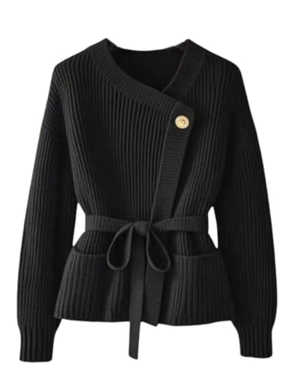 Ribbed knit belted asymmetrical long sleeve women's cardigan